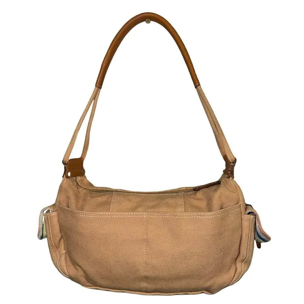 Y2K Fossil tan canvas shoulder bag with leather straps. Fossil 75082